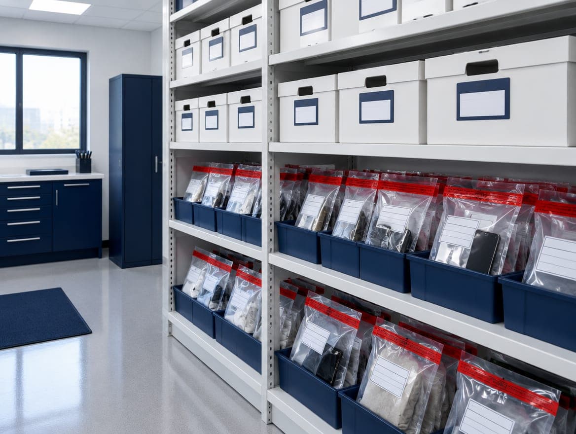 Sealed evidence bags and labelled boxes on shelves