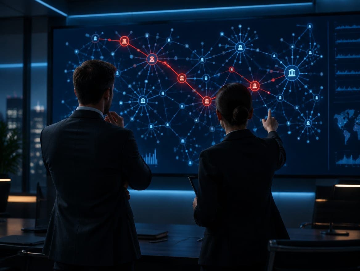 Investigators discussing a wall screen with a transaction network