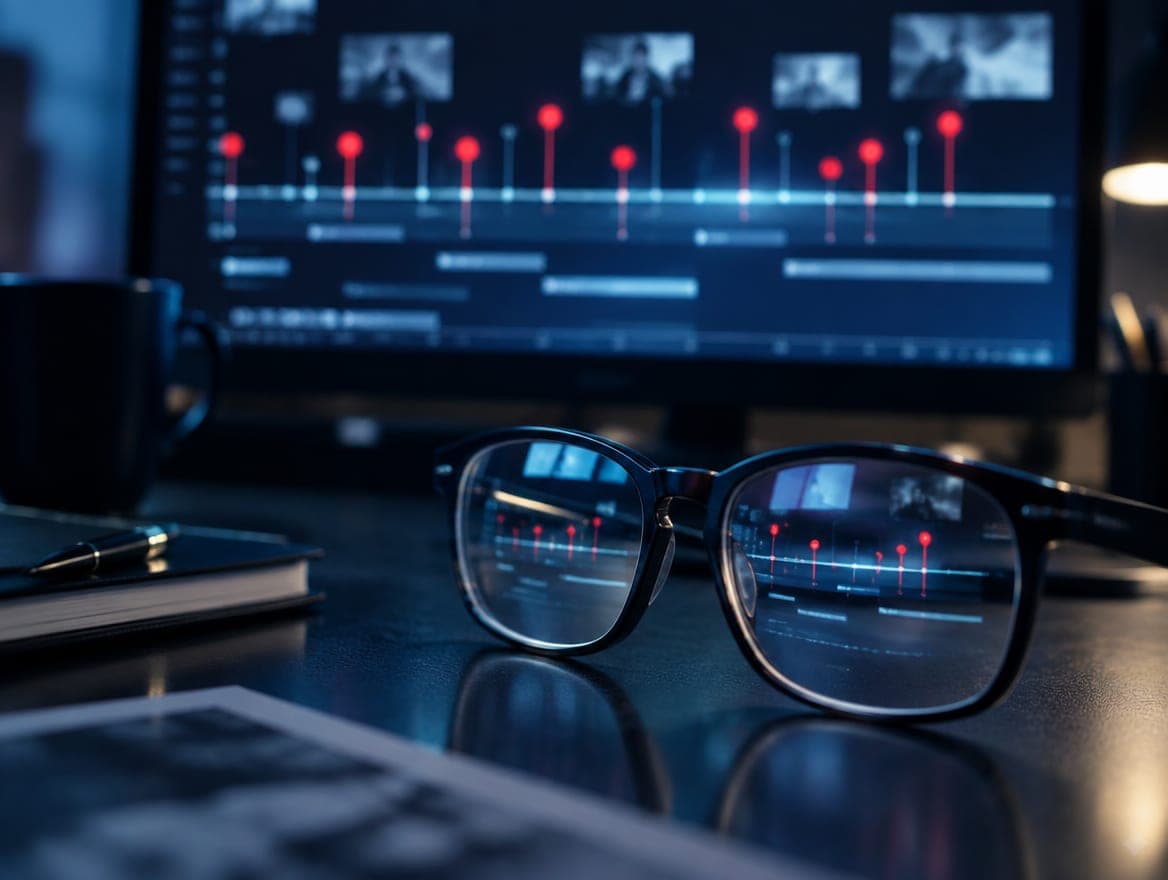 Timeline chart with red markers reflected in glasses