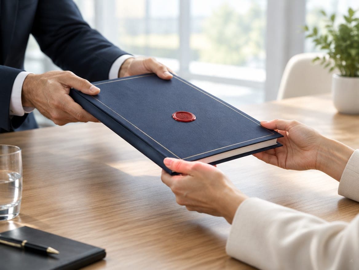 Investigator handing a sealed report to a client