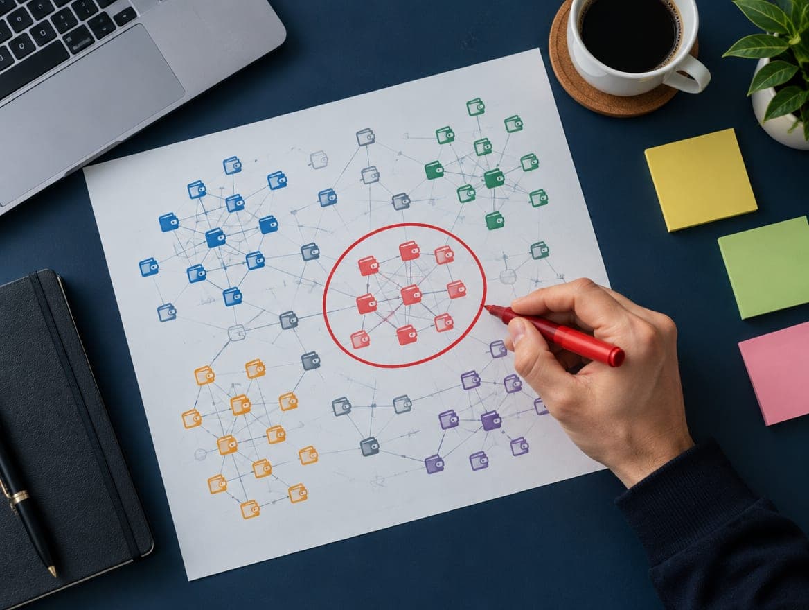 Analyst circling a wallet cluster on a printed network map
