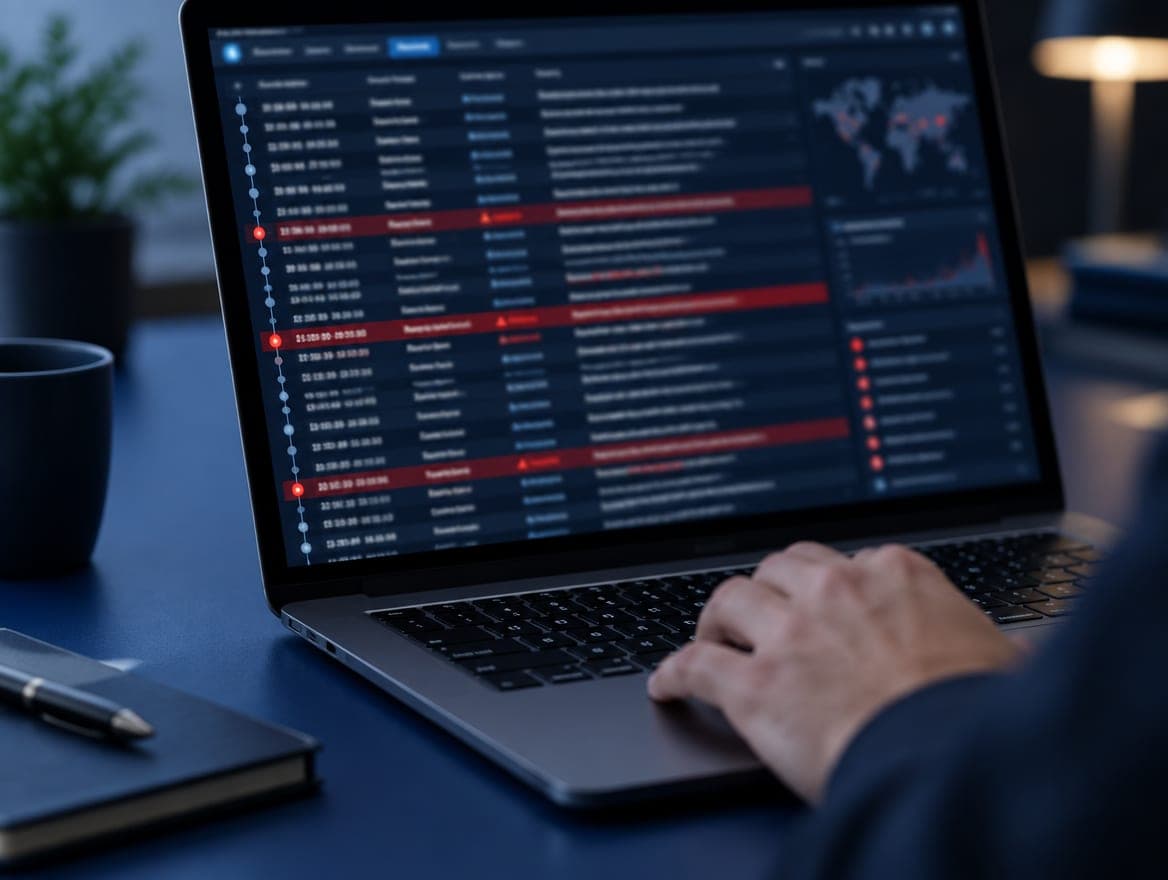 Laptop showing a security log timeline with red entries