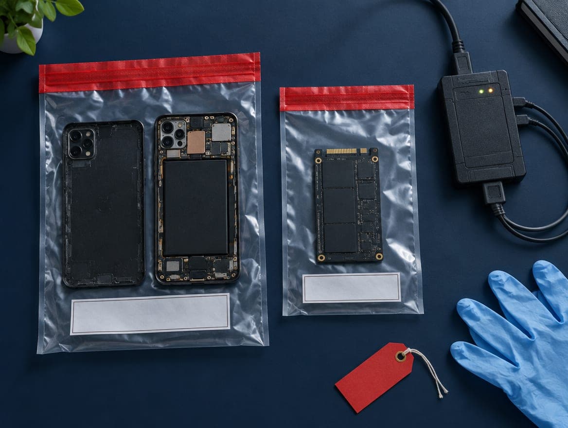 Phone and drive sealed in evidence bags with red tape next to forensic equipment