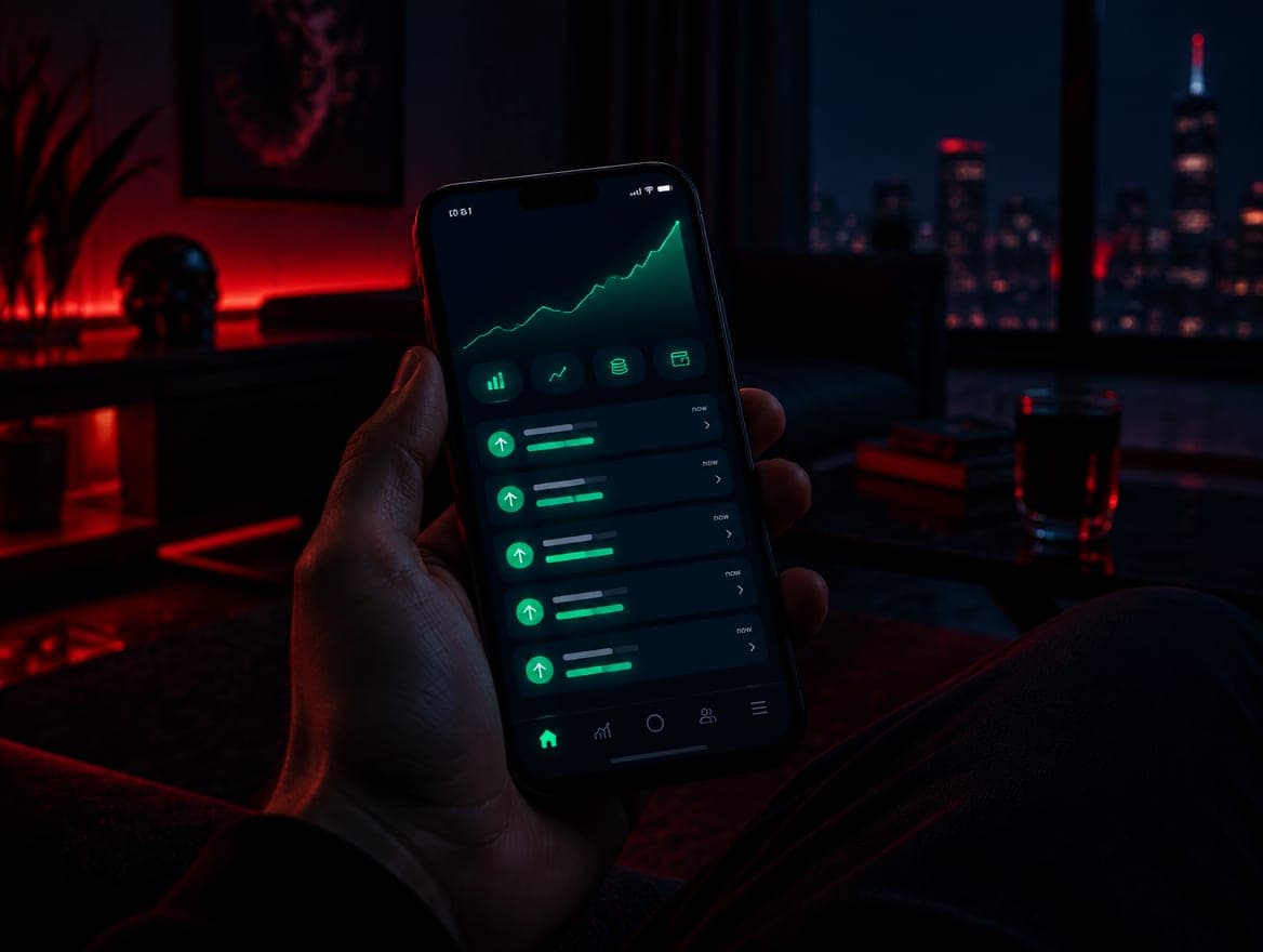 Phone showing a fake investment app with profit notifications