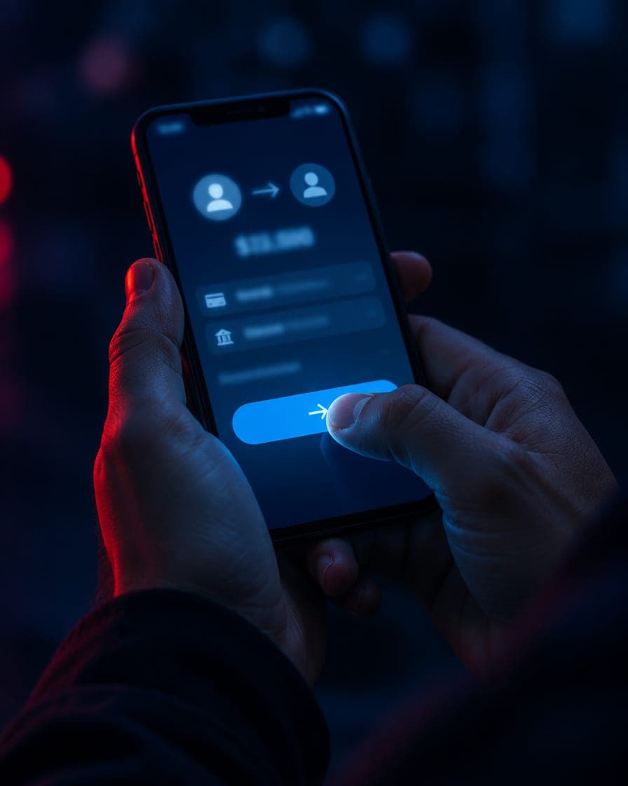 Hands sending a money transfer on a phone at night