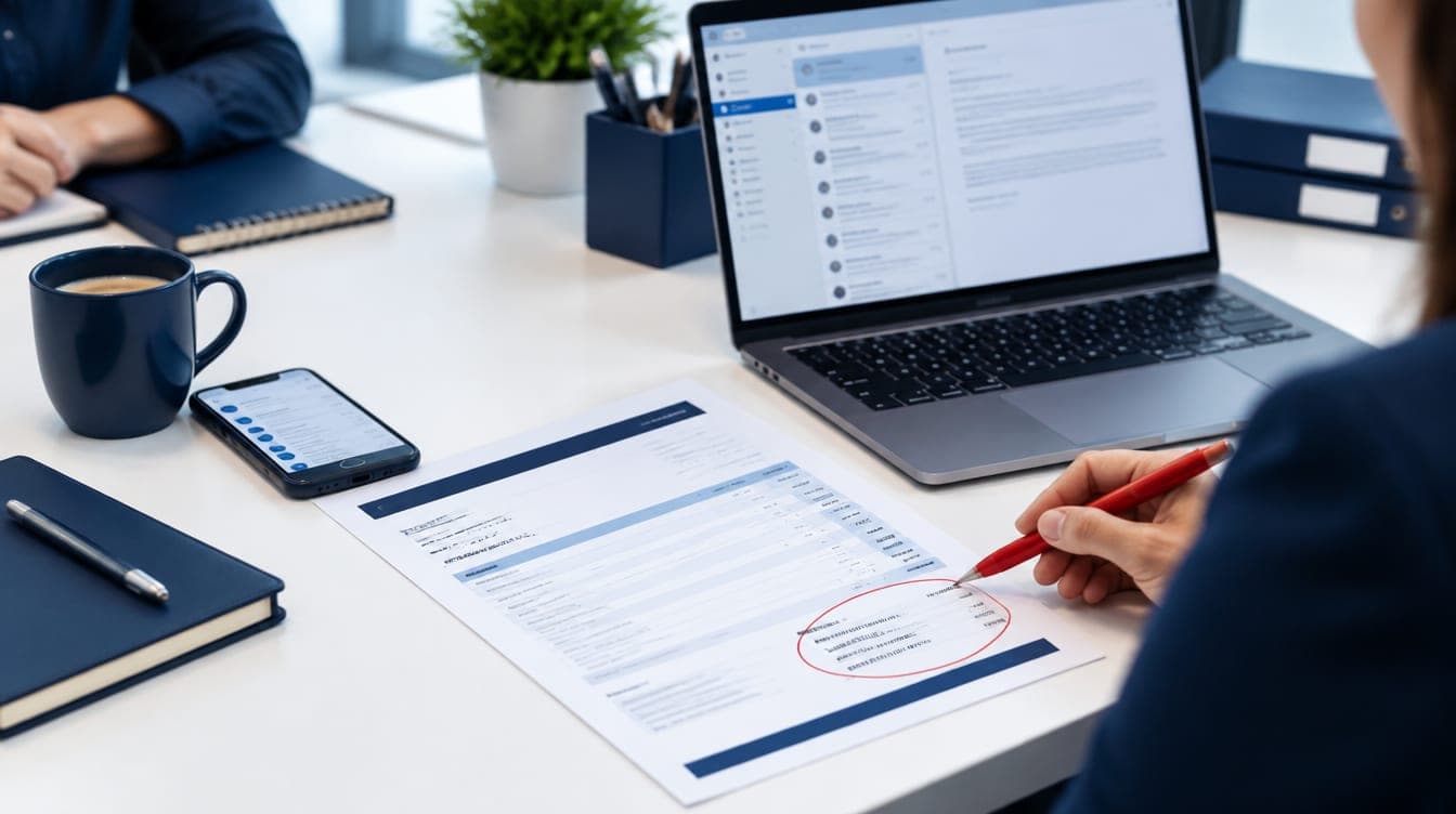 Invoice with bank details circled in red next to a laptop showing an email
