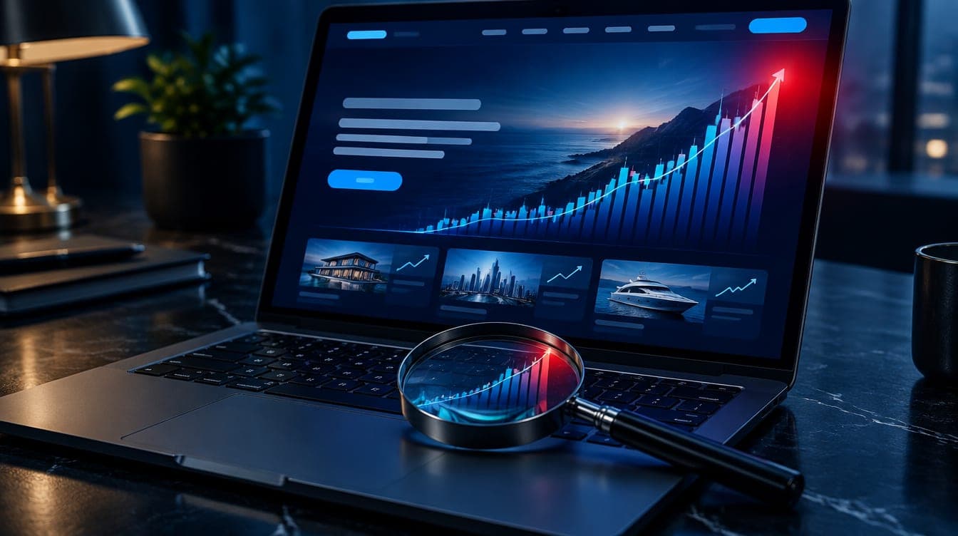 Laptop showing a glossy investment website with a magnifying glass