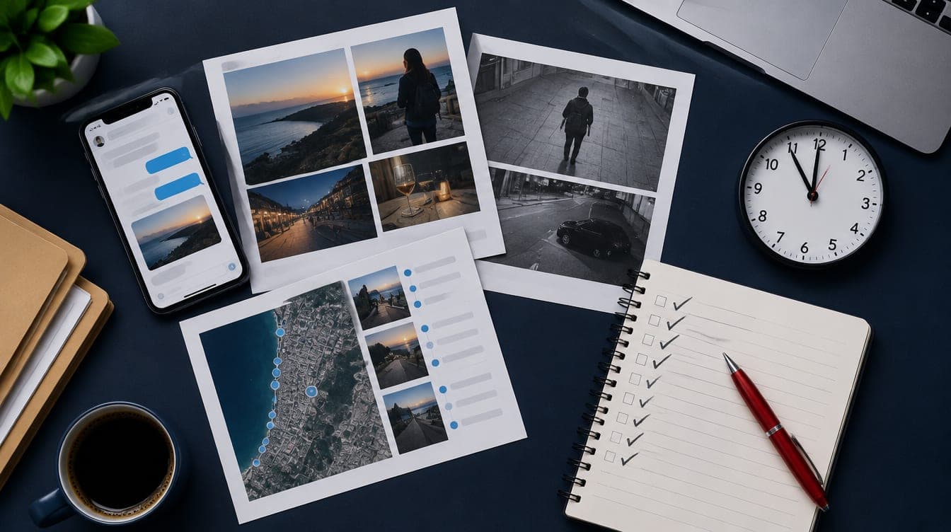 Phone, printed screenshots and a checklist on a desk