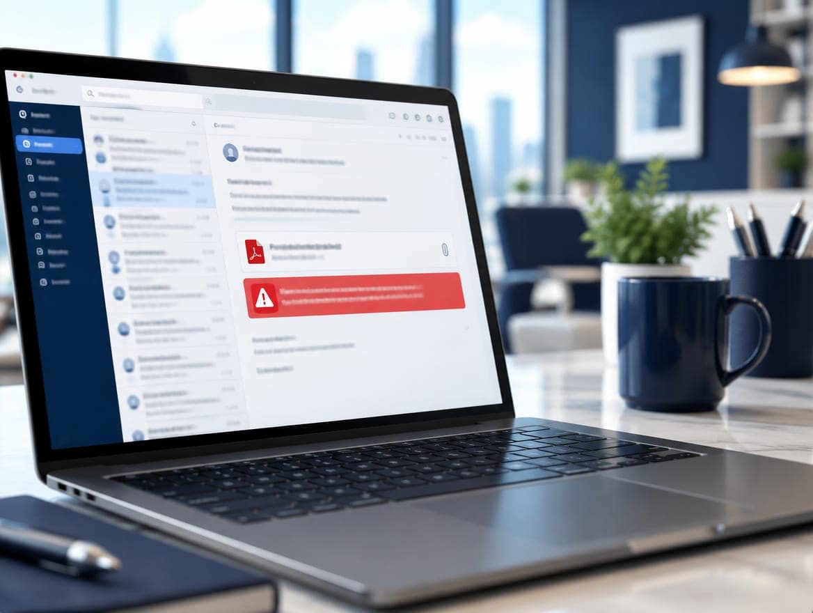 Laptop showing an email inbox with an invoice attachment and red warning